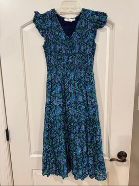 Vineyard Vines Navy Blue & Green Floral Smocked Midi Dress
